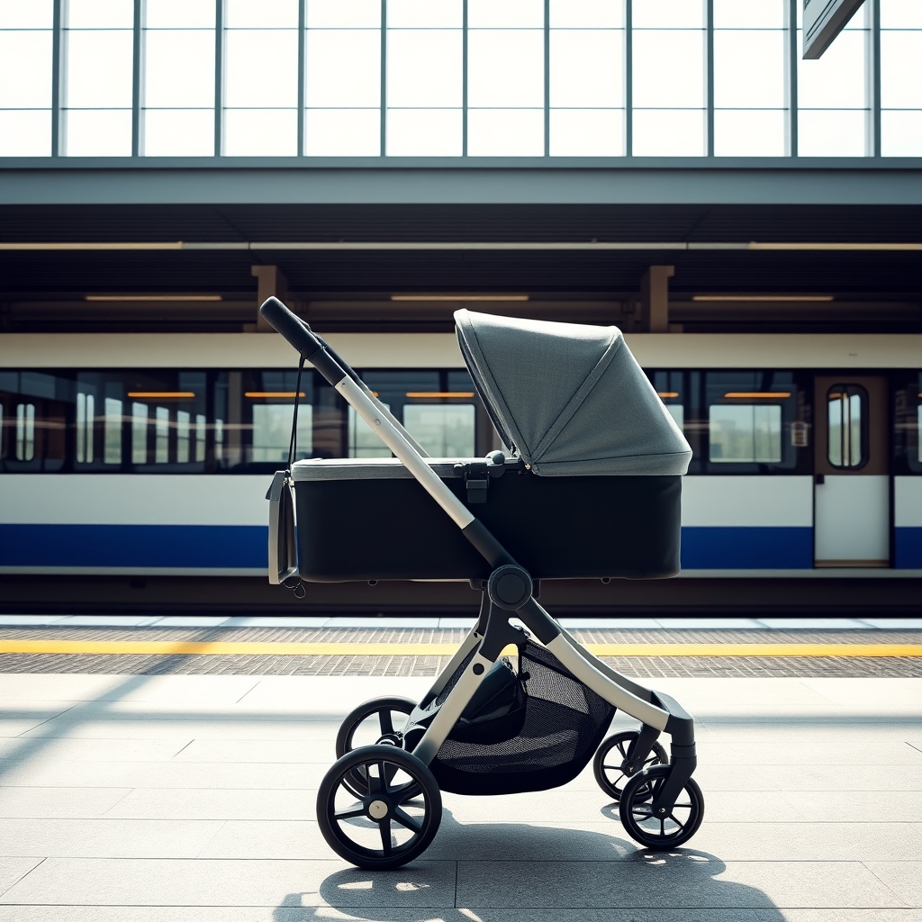 A parent folding a compact stroller on a train platform.