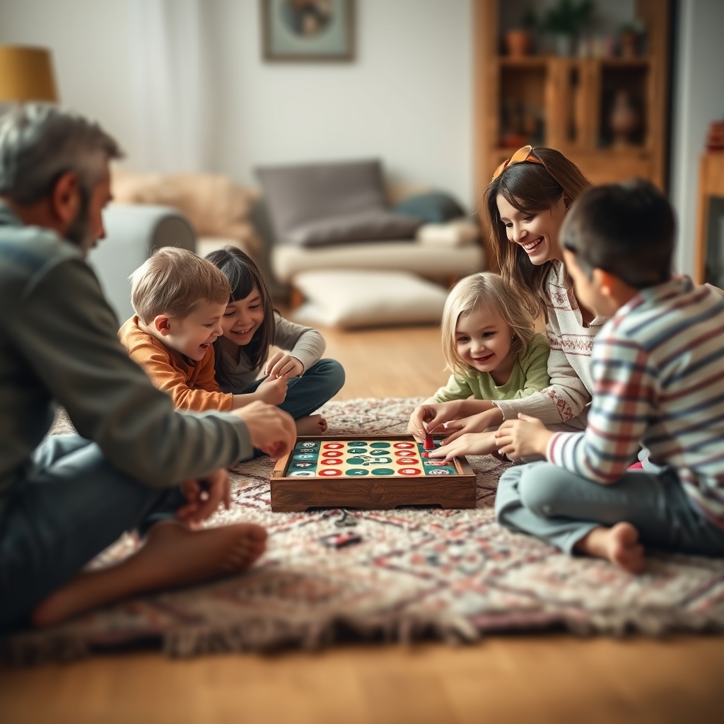 A family engaging in a board game together without technology.