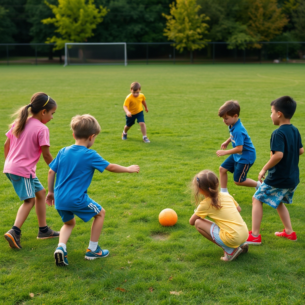 A diverse group of elementary children playing together in a park.