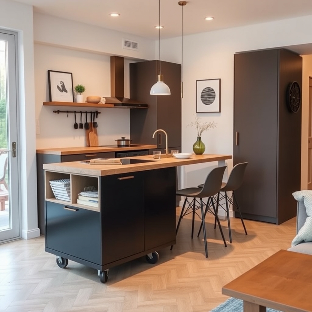 A versatile, portable kitchen island used for dining in a small home.
