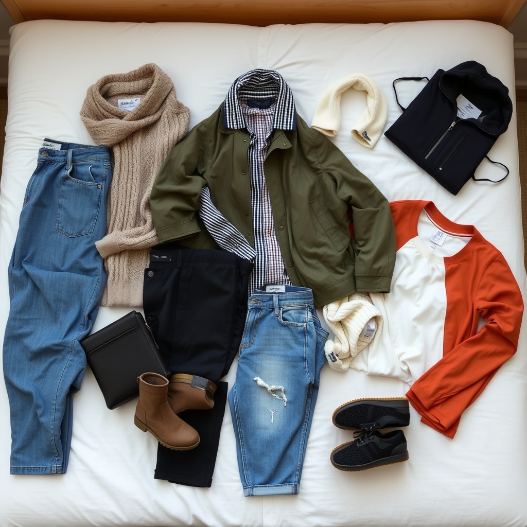 A collection of versatile travel clothes laid out for packing.