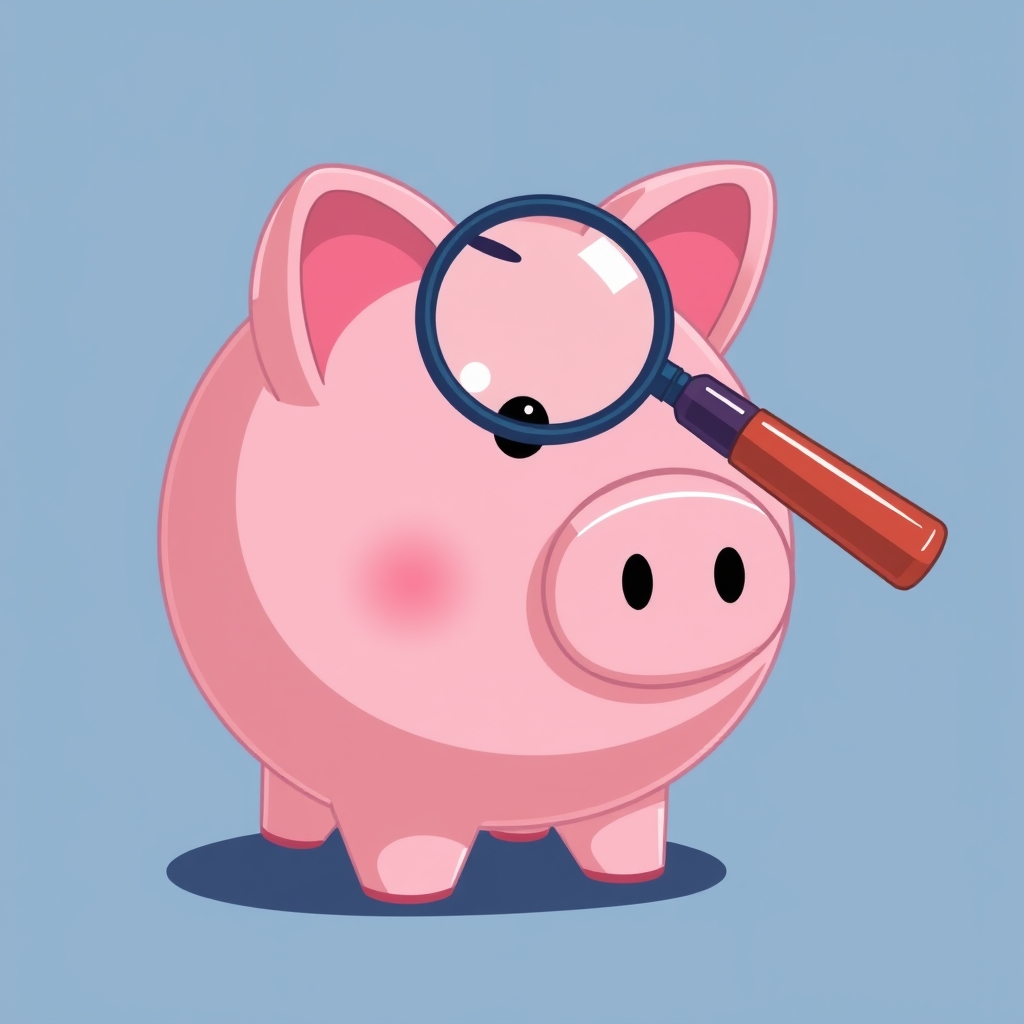 A piggy bank being examined with a magnifying glass.