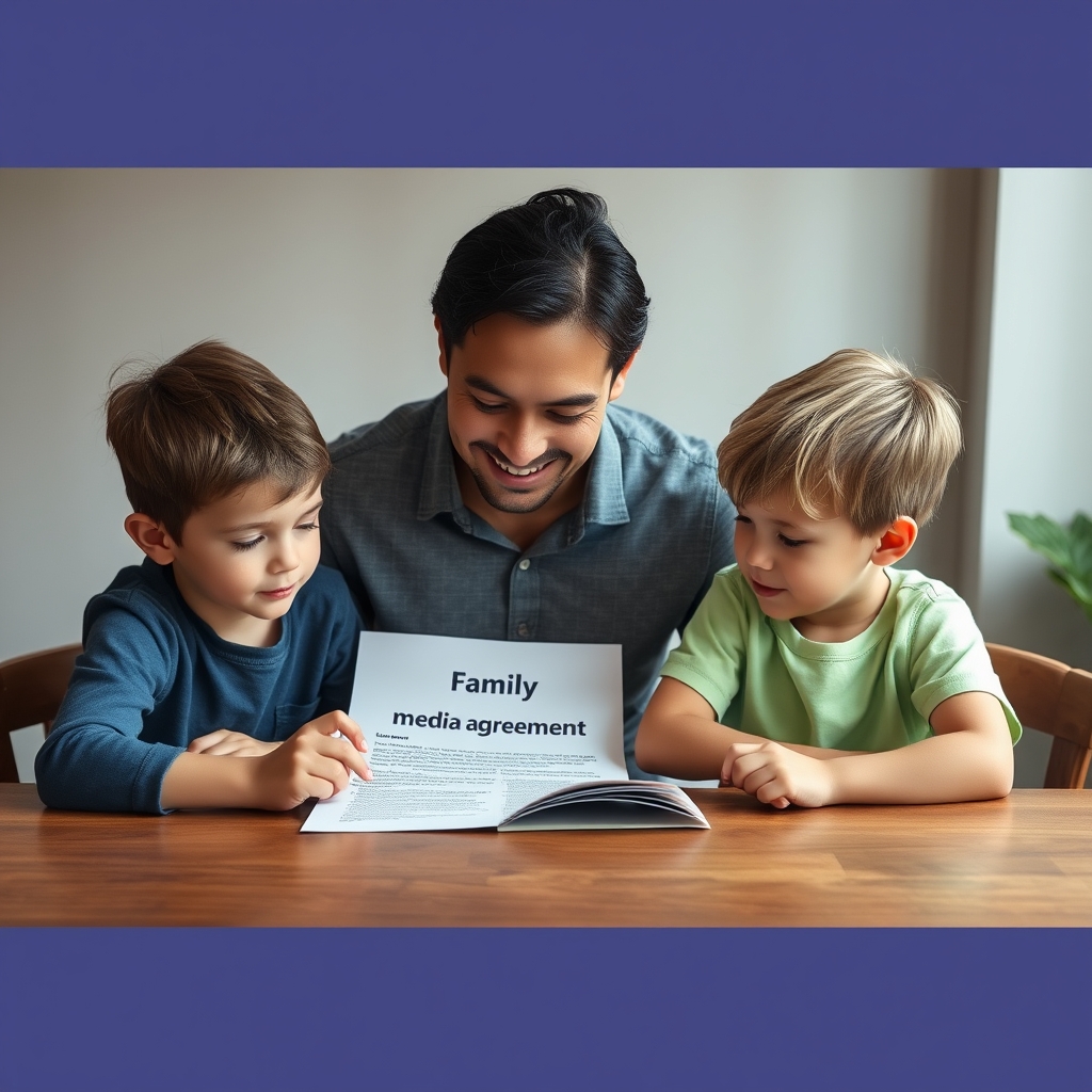 A family reviewing a digital media agreement together.