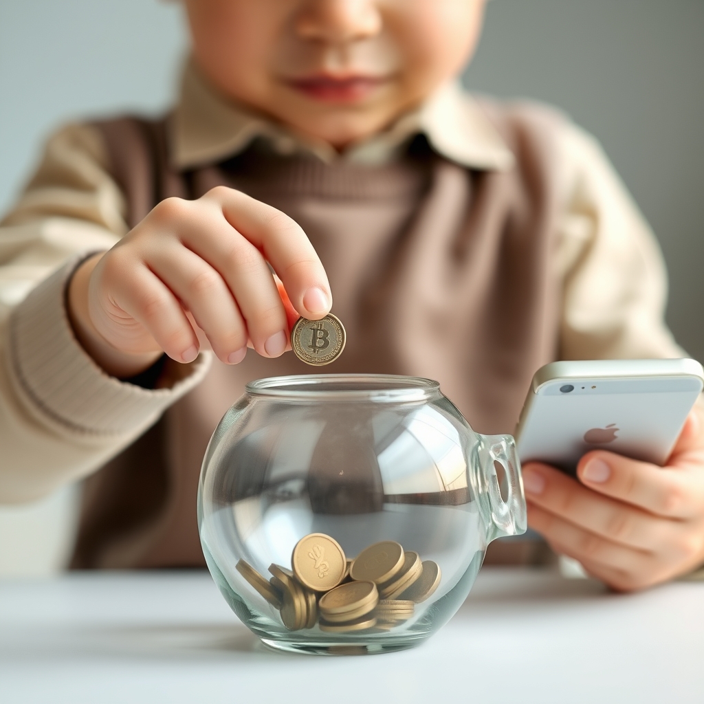 A child bridging the gap between physical piggy banks and digital finance.