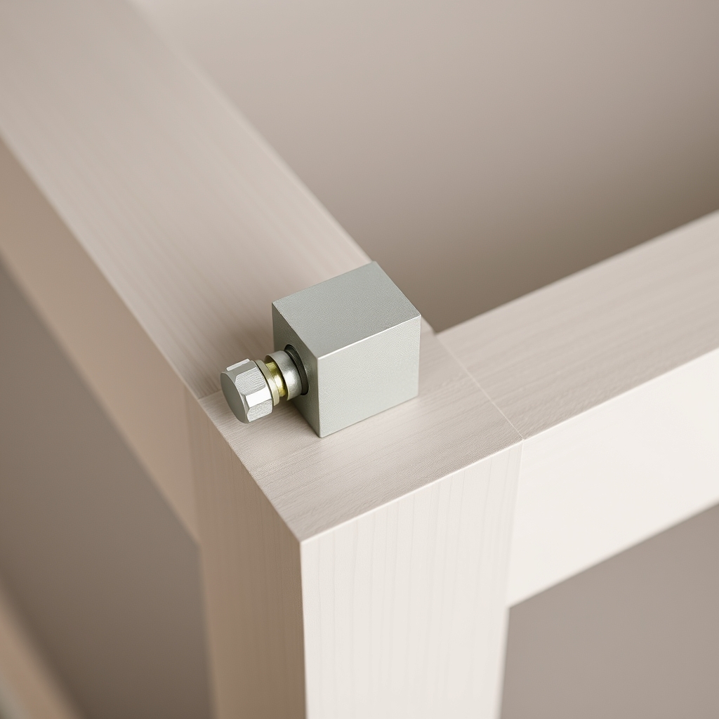 Detail view of a sturdy metal connector on modular furniture.