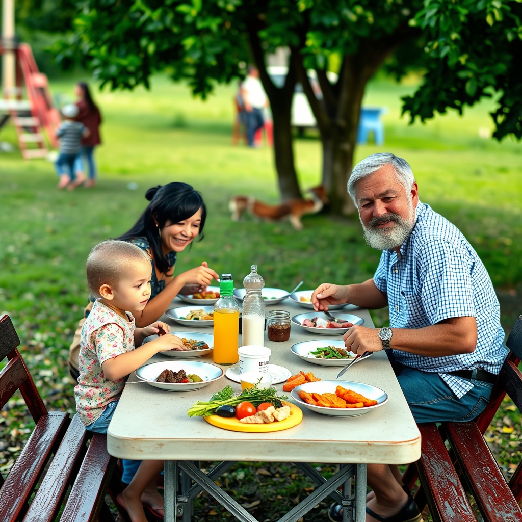 Family eating together at a casual outdoor community event.