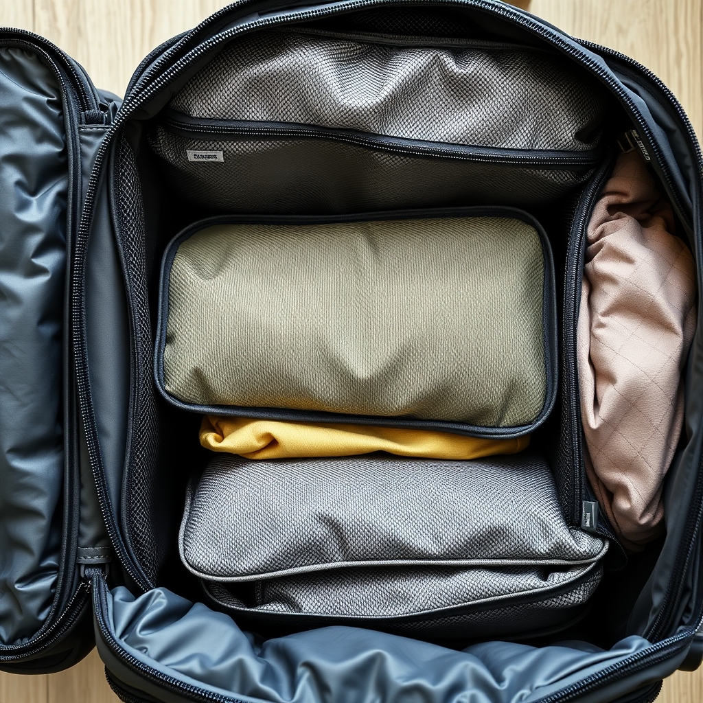 A view of organized packing cubes inside a carry-on luggage bag.