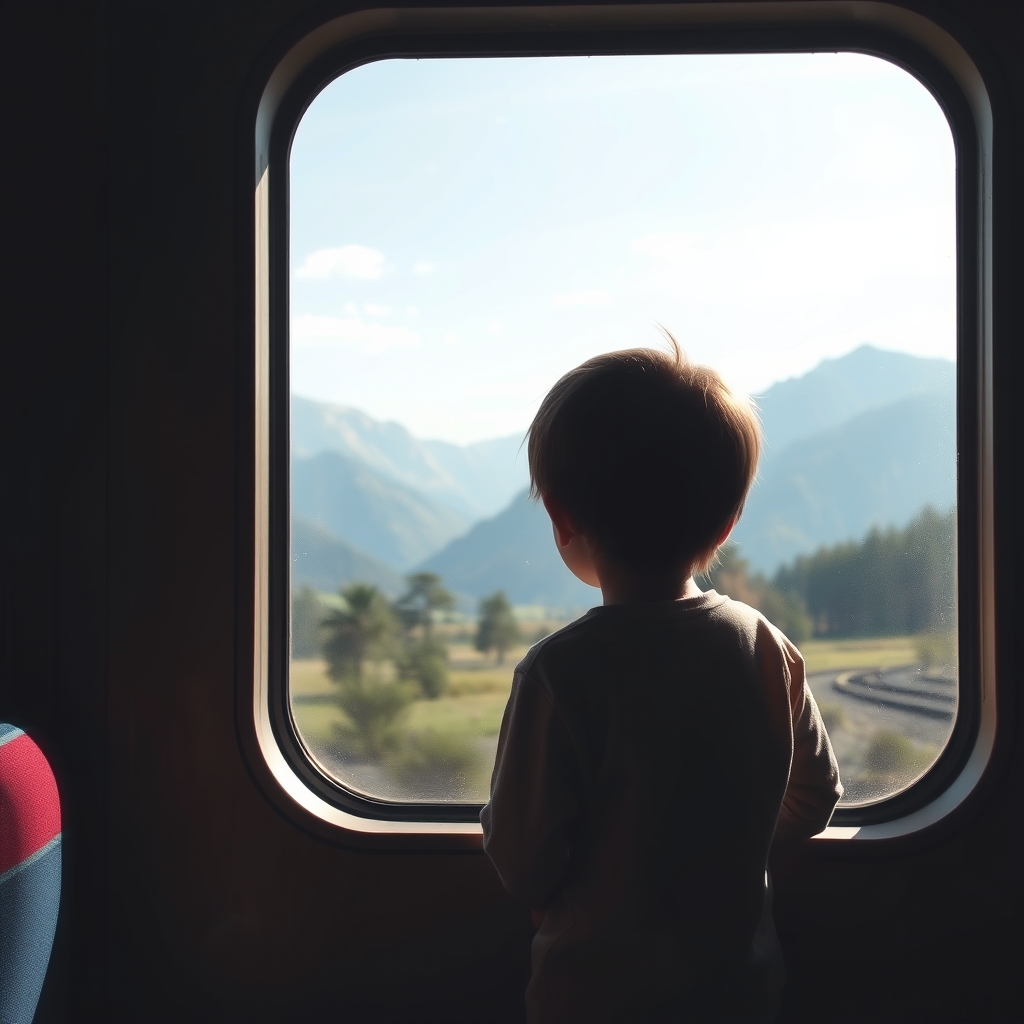 A child gazing out of a train window during a scenic trip.