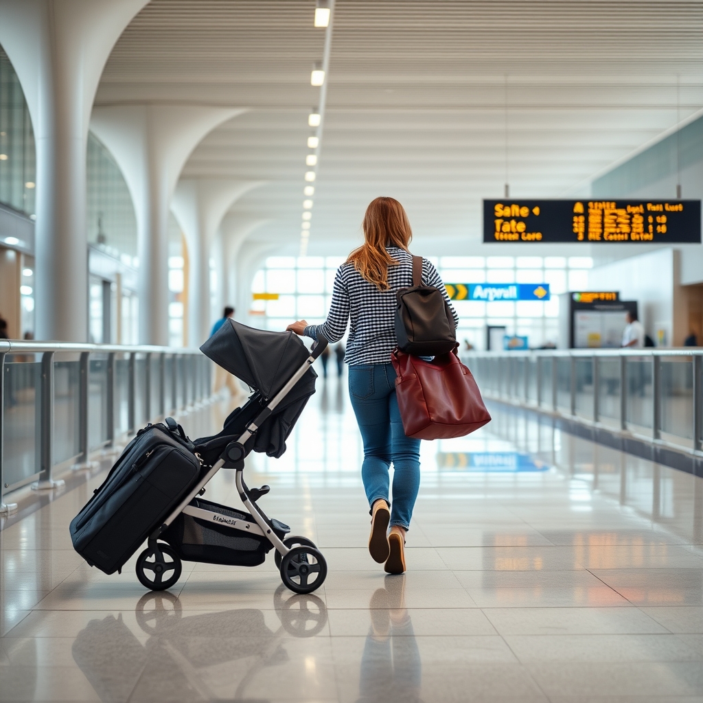 A parent traveling light through an airport with minimal luggage.