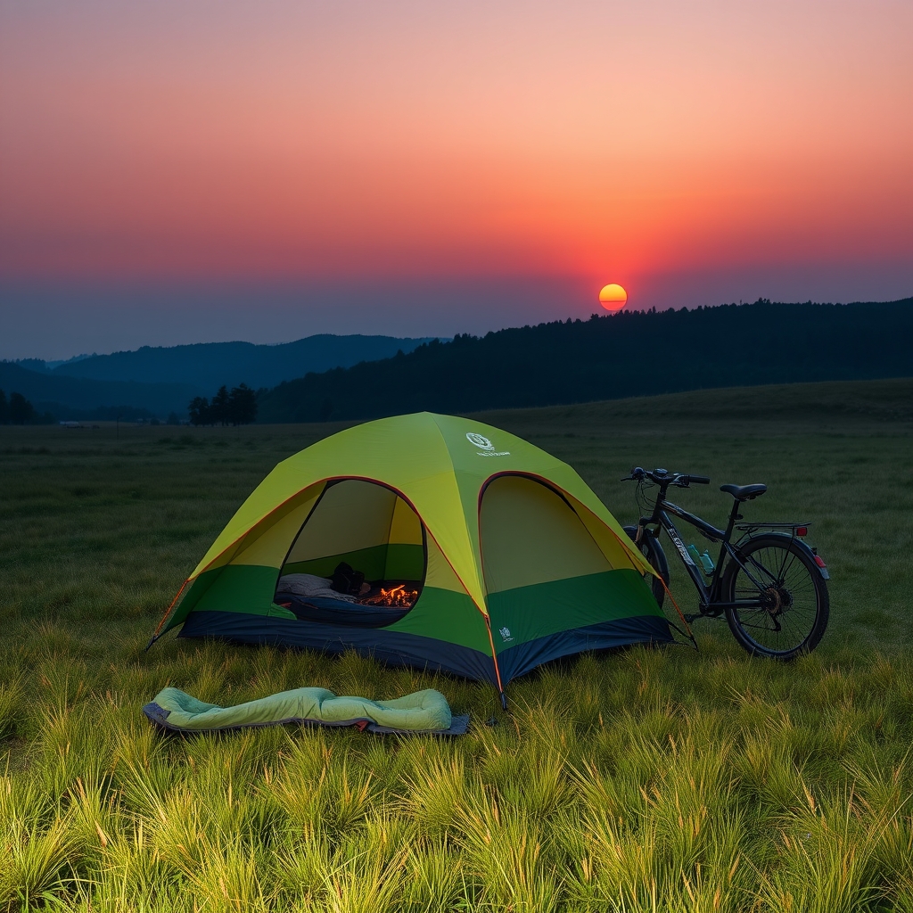A small tent set up for camping next to a bicycle.