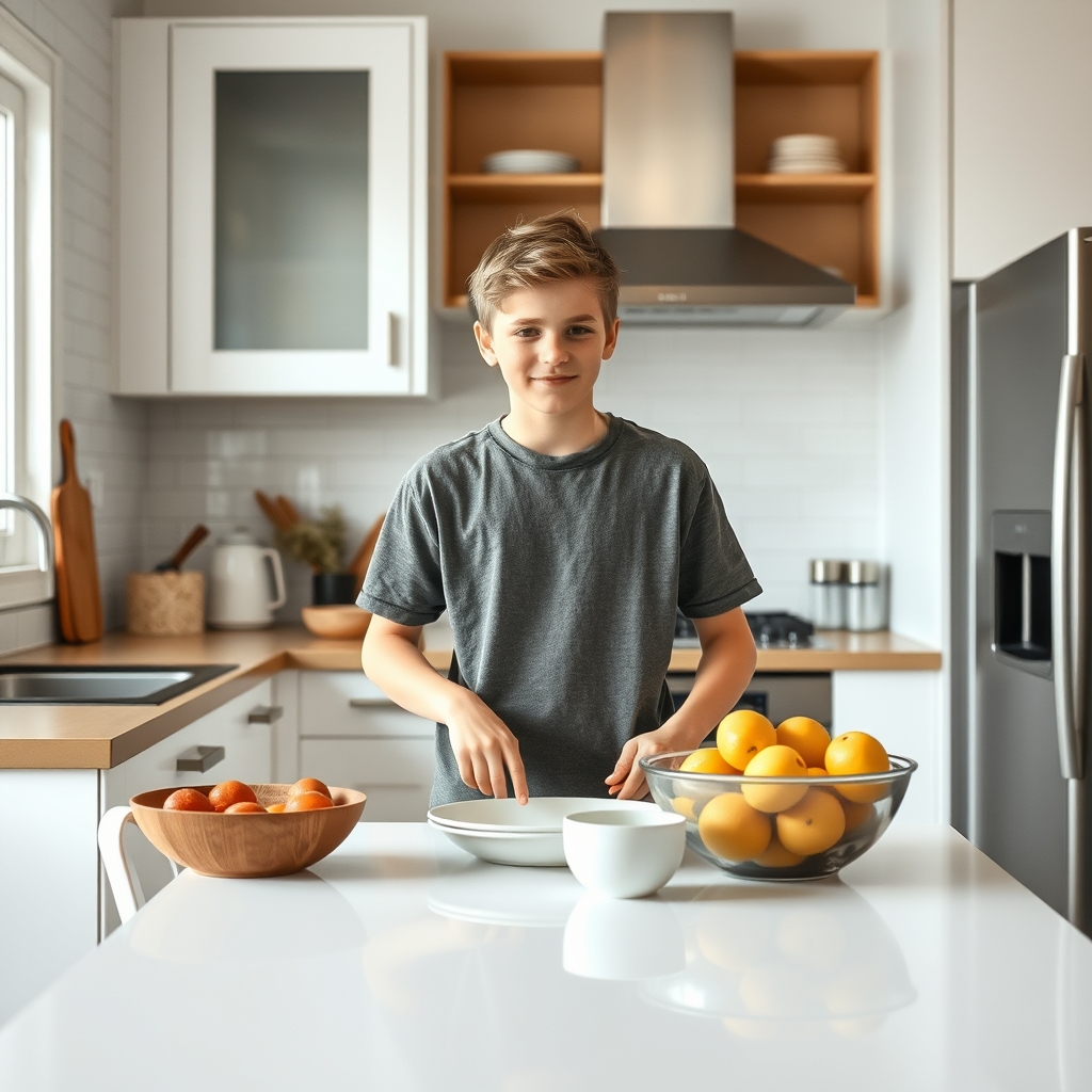 A teenager taking responsibility for setting the dinner table.