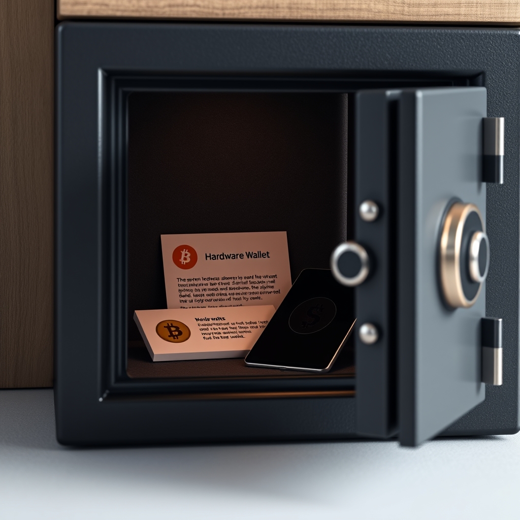 A secure home safe containing a hardware wallet and a recovery seed phrase card for long-term storage.