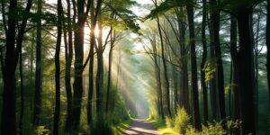 A peaceful forest path in the morning light representing the restorative power of nature.