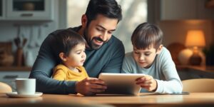 Parent and child exploring digital technology together at home.
