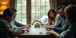 A family enjoying a strategic board game in a cozy home setting.