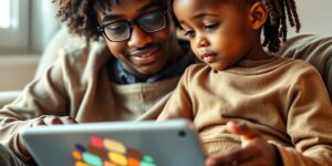 A parent and child discussing digital content on a tablet together in a bright living room.