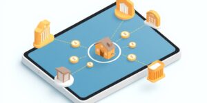 Digital visualization of interconnected family finances and open banking technology.