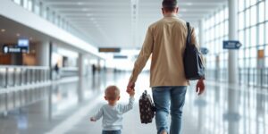 A parent and child walking through an airport terminal