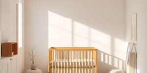 A bright and calm minimalist nursery room designed for child development.