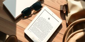 A minimalist travel setup featuring an e-reader on a wooden table.