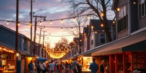 Families enjoying a peaceful, small-scale neighborhood street festival at twilight.