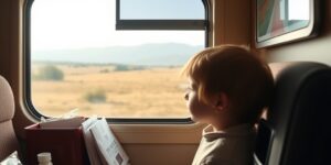 A child looking out of a train window during a scenic journey.