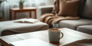A peaceful, tech-free living room setting representing a digital sabbatical.