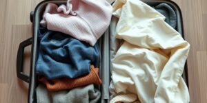 A suitcase packed with both summer and winter clothing for a multi-climate trip.