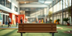 An empty bench at an elementary school playground representing the transition of childhood friendships.