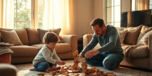 A parent and child bonding over a physical puzzle, representing the value of screen-free family time.