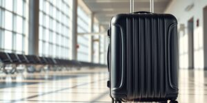 A modern suitcase in an airport terminal representing 2026 travel security.
