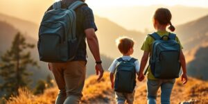 A family hiking together on a trail with lightweight gear.