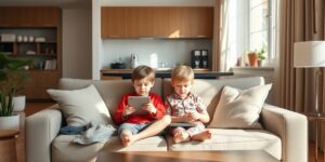 Two children peacefully using tablets in a bright living room.
