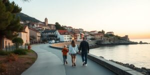 A family enjoying a peaceful walk in a remote, beautiful location, representing the quiet-adventure travel trend.