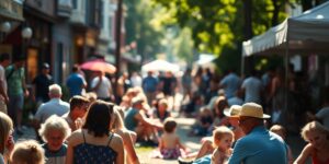 Families enjoying a relaxed, small-scale neighborhood festival outdoors.