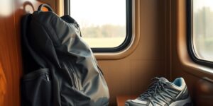 A minimalist travel backpack and hiking shoes on a train seat representing the train-to-trail travel style.