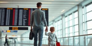 A parent and child navigating an airport terminal together.