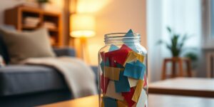 A glass jar filled with colorful slips of paper on a wooden table, representing an emotional-vocabulary tool.