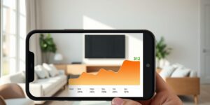 A smartphone showing a smart home energy dashboard in a modern living room