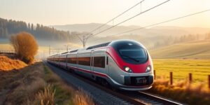 A scenic view of a high-speed train traveling through a green valley.