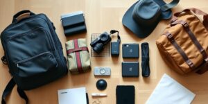 A professional flat-lay of organized, minimalist travel gear for a family trip.