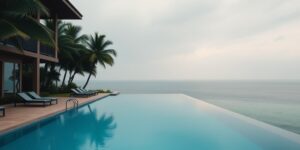 A serene, empty luxury resort pool during the off-season.