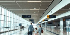 A family walking through a spacious, accessible airport terminal.