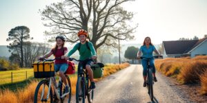 A family enjoying a bike-packing trip on a gravel path.