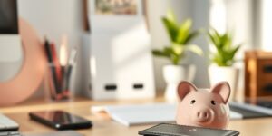 A sleek hardware wallet and a classic piggy bank on a desk, representing the transition to digital savings for children.