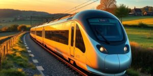 A scenic view of a modern train traveling through a beautiful landscape.