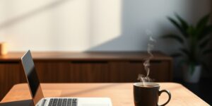 A quiet, unplugged home office desk setting representing work-life balance.