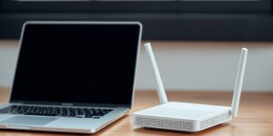 A minimalist home office desk featuring a mesh Wi-Fi node.