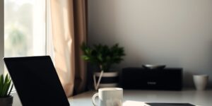 A person organizing household finances at a desk with a laptop and coffee.