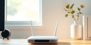A sleek mesh Wi-Fi node sitting on a clean, modern home office desk.